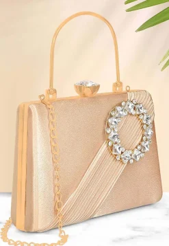 Embellished Satin Clutch with Detachable Chain Strap in Beige