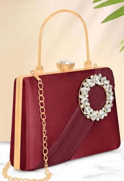 Embellished Satin Clutch with Detachable Chain Strap in Maroon