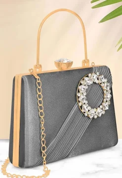 Embellished Satin Clutch with Detachable Chain Strap in Grey