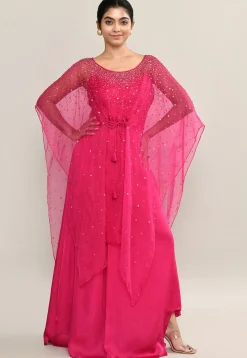 Embellished Satin Crop Top Set in Fuchsia