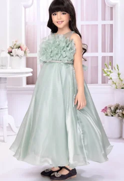 Embellished Satin Gown in Sea Green