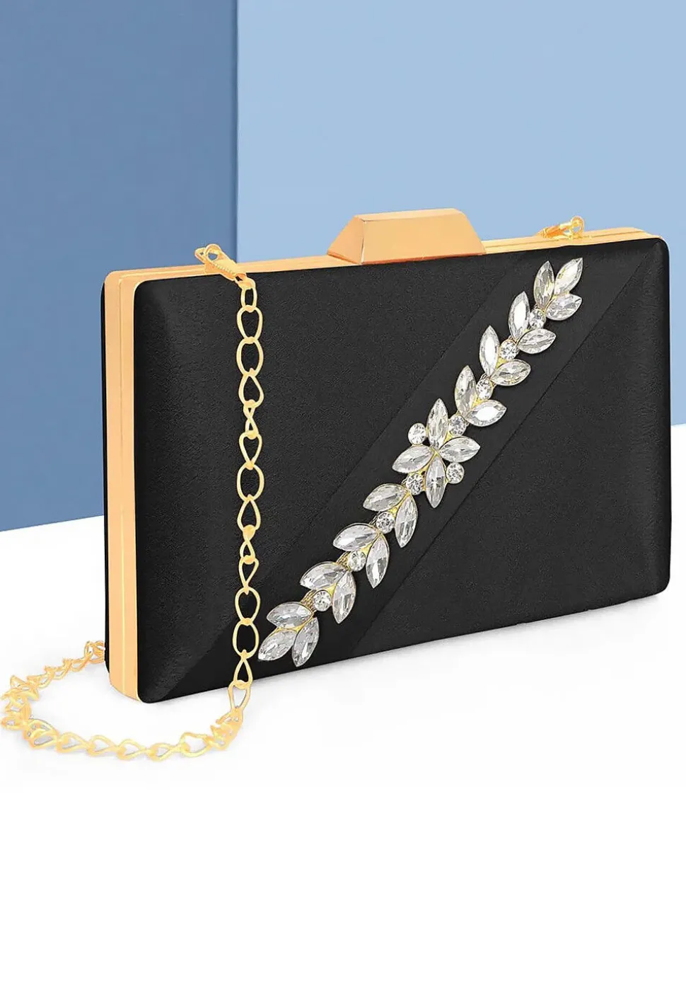 Embellished Satin Rectangular Clutch with Detachable Chain Strap in Black
