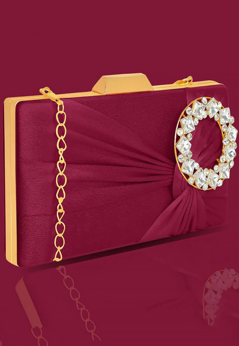 Embellished Satin Rectangular Clutch with Detachable Chain Strap in Maroon