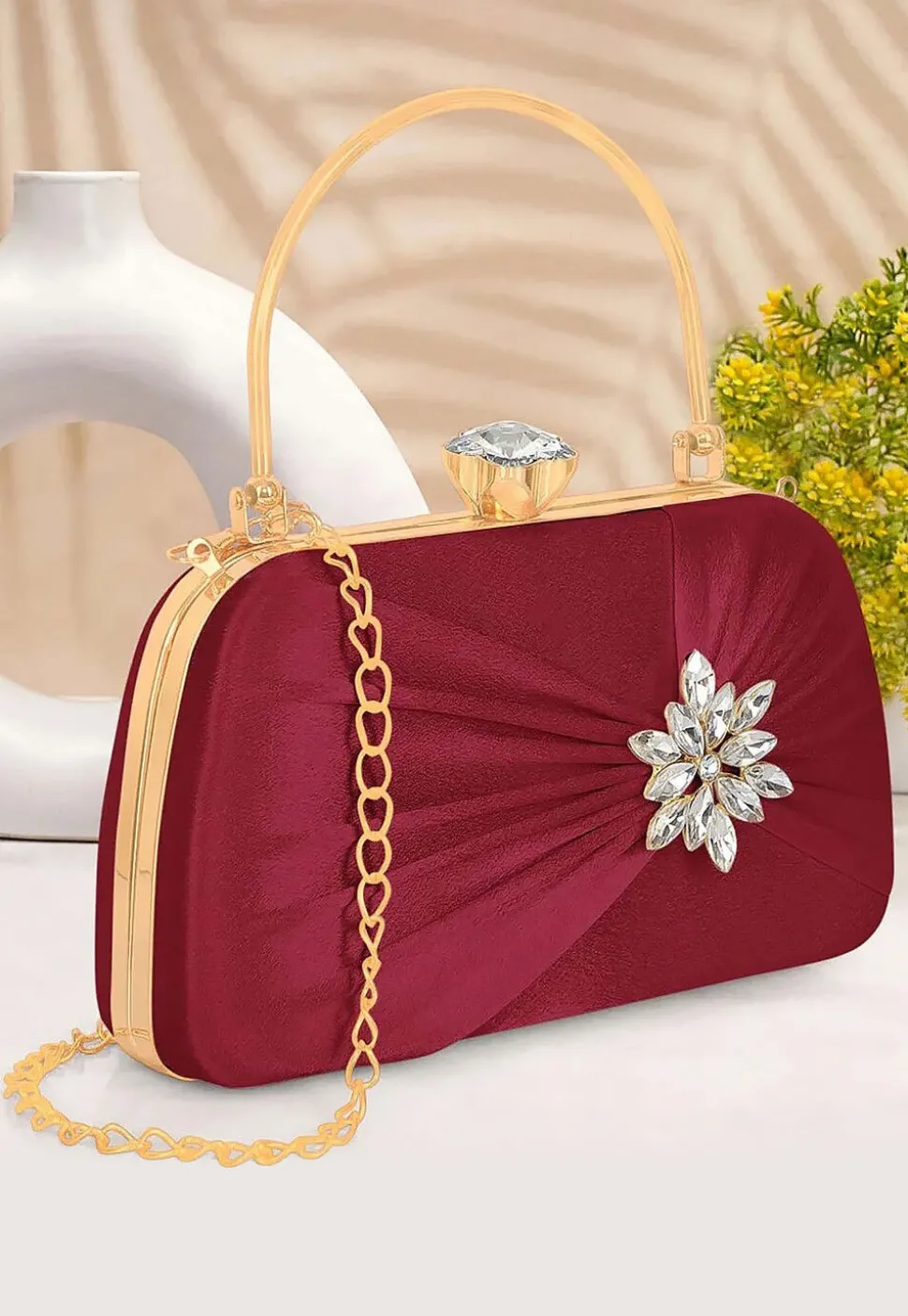 Embellished Satin Rectangular Clutch with Detachable Chain Strap in Maroon