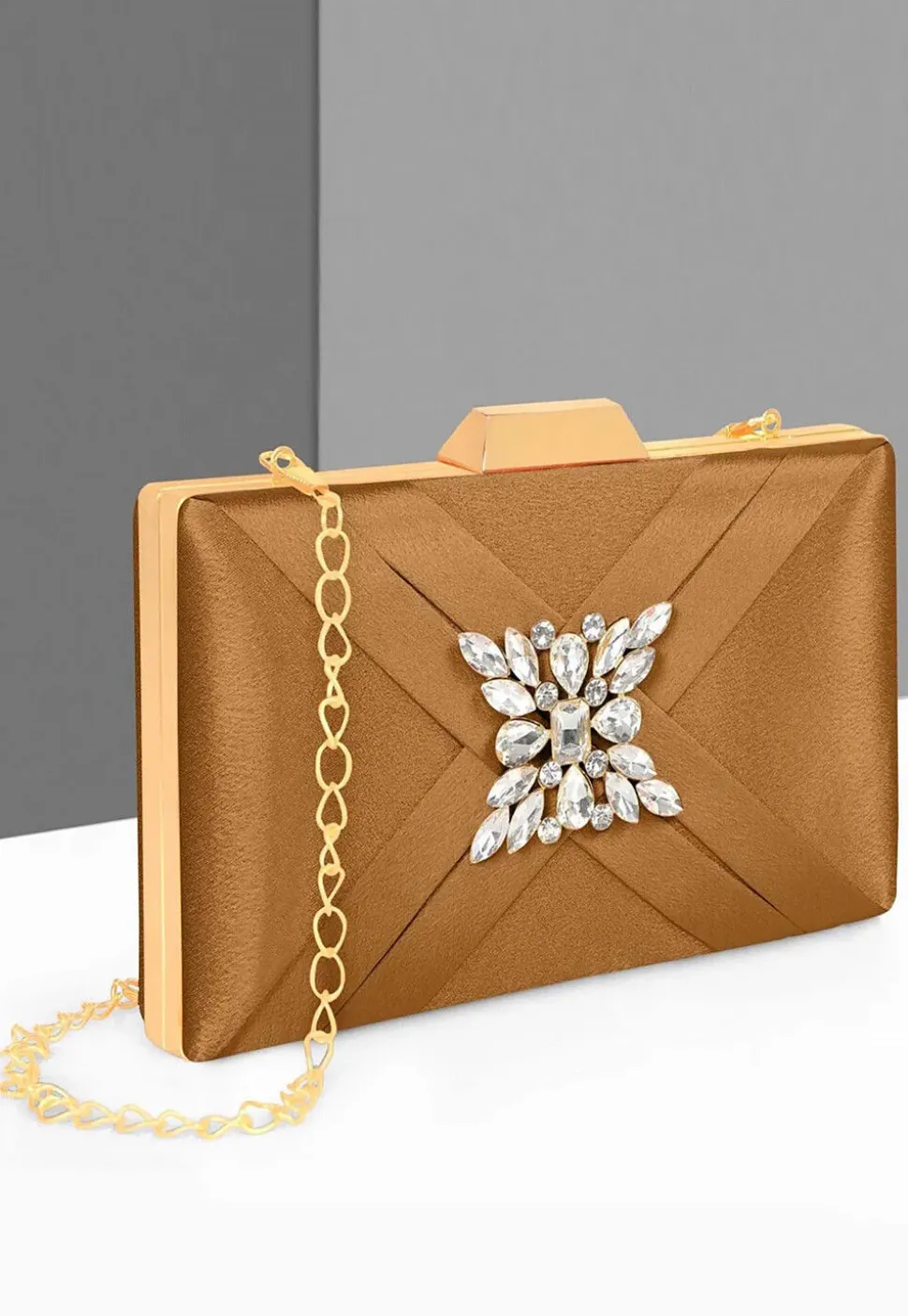 Embellished Satin Rectangular Clutch with Detachable Chain Strap in Brown