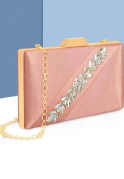 Embellished Satin Rectangular Clutch with Detachable Chain Strap in Peach