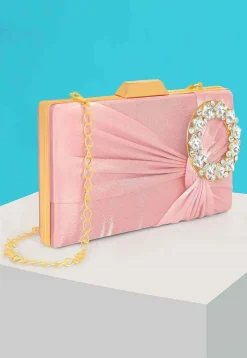 Embellished Satin Rectangular Clutch with Detachable Chain Strap in Pink