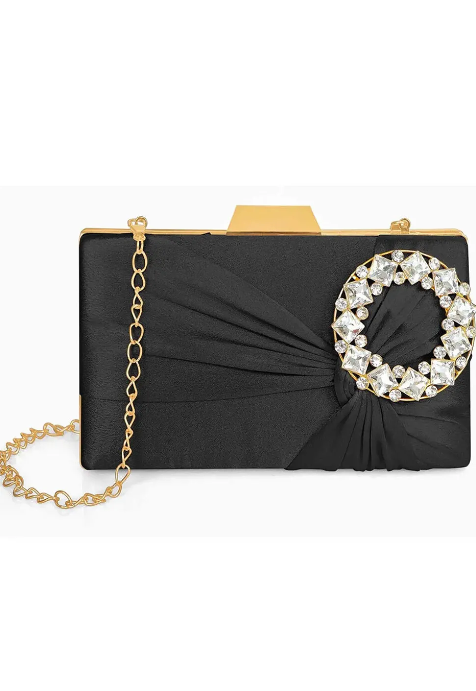 Embellished Satin Rectangular Clutch with Detachable Chain Strap in Black