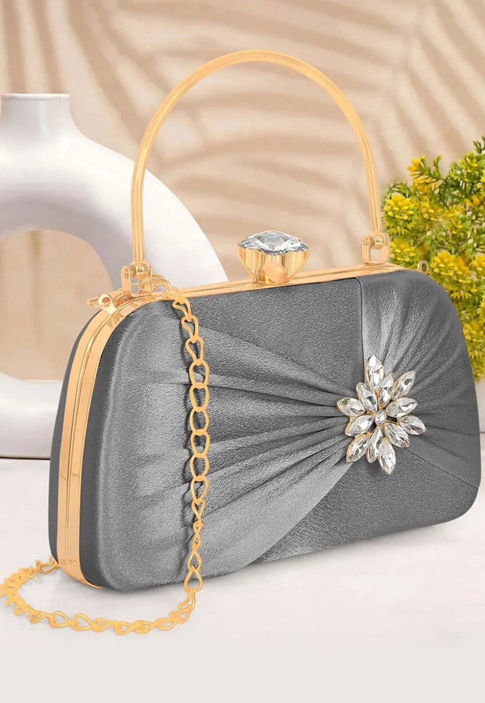 Embellished Satin Rectangular Clutch with Detachable Chain Strap in Grey