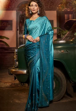 Embellished Satin Saree in Teal Blue Ombre