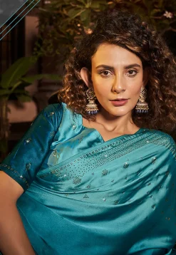 Embellished Satin Saree in Teal Blue Ombre