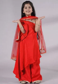 Embellished Shantoon Asymmetric Pakistani Suit in Red