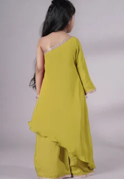 Embellished Shantoon Asymmetric Pakistani Suit in Olive Green