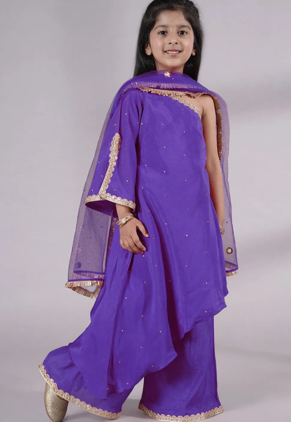 Embellished Shantoon Asymmetric Pakistani Suit in Purple
