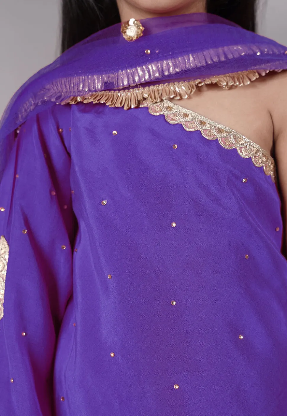 Embellished Shantoon Asymmetric Pakistani Suit in Purple