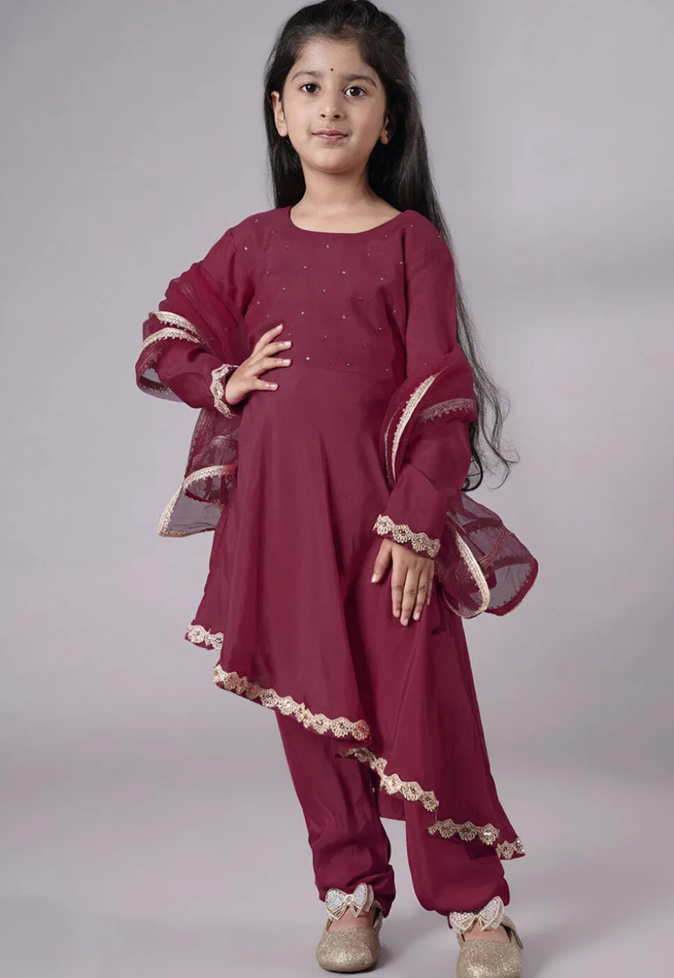 Embellished Shantoon Punjabi Suit in Wine