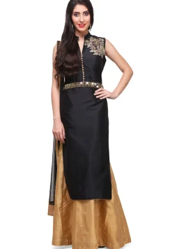 Embellished Shoulder Art Silk Lehenga in Black