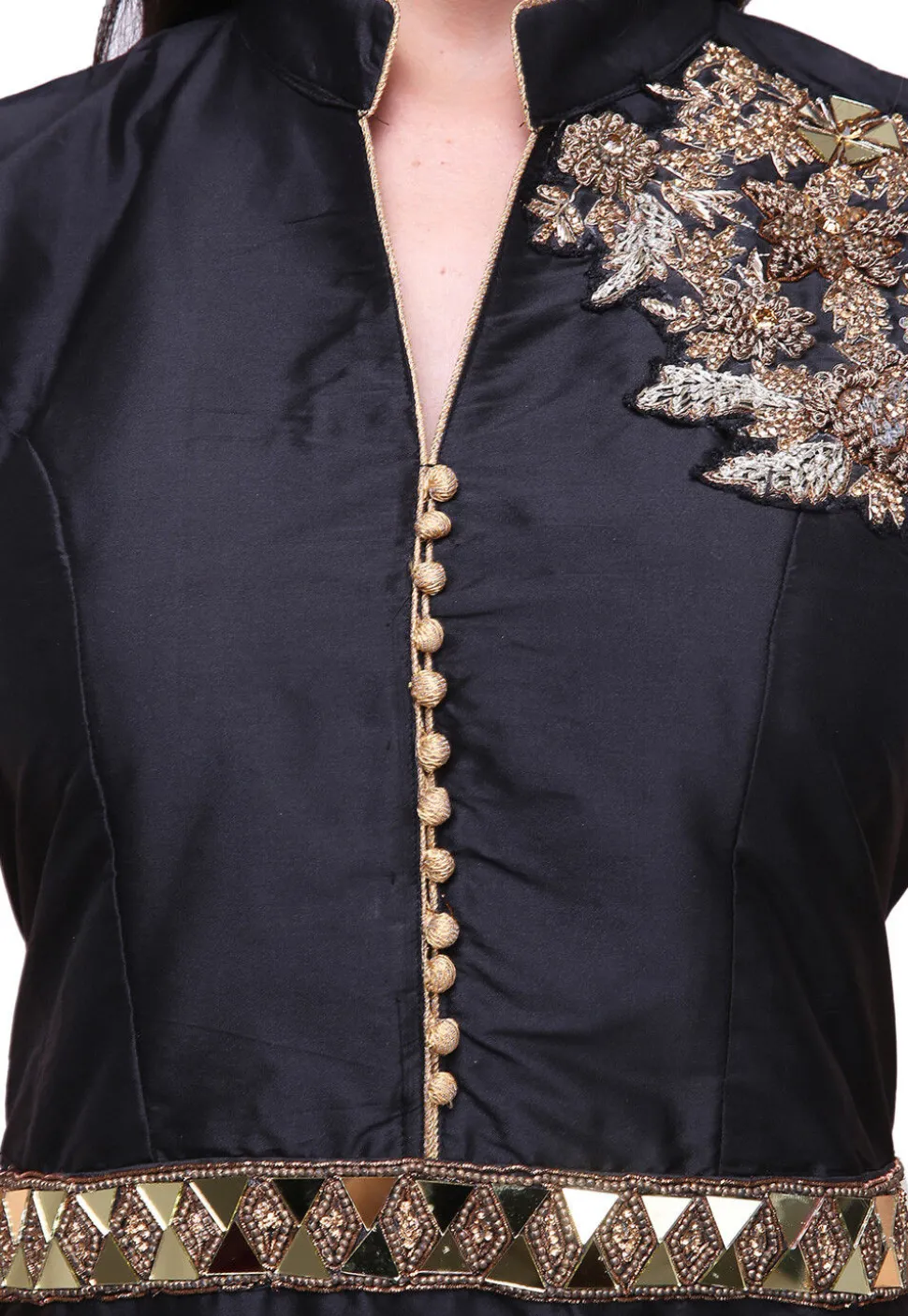 Embellished Shoulder Art Silk Lehenga in Black