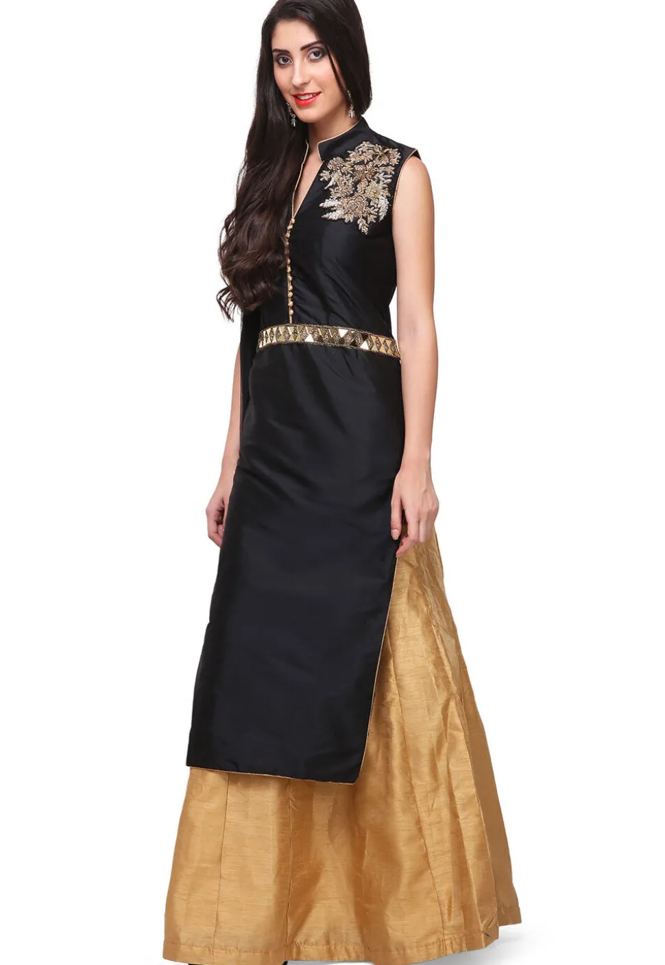 Embellished Shoulder Art Silk Lehenga in Black