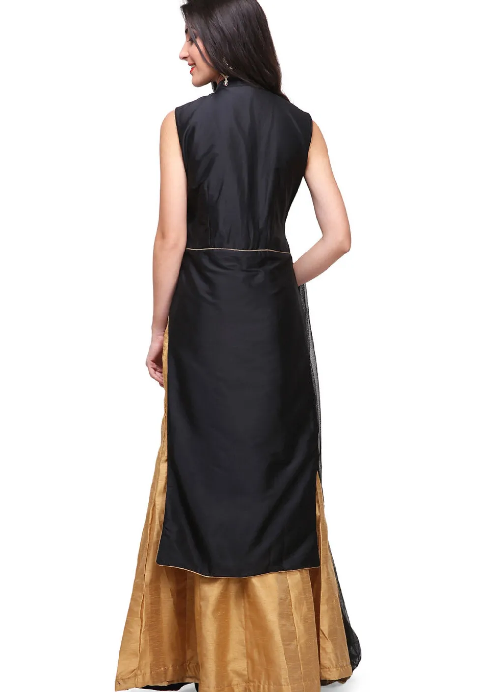 Embellished Shoulder Art Silk Lehenga in Black