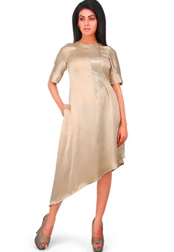 Embellished Side Placket Satin Asymmetric Dress in Beige
