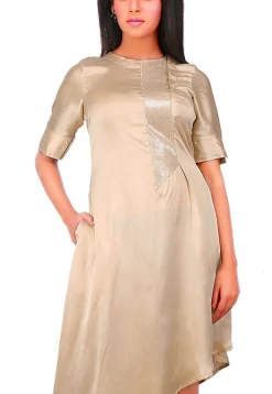 Embellished Side Placket Satin Asymmetric Dress in Beige