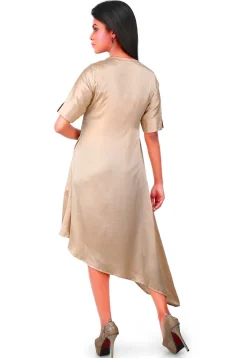Embellished Side Placket Satin Asymmetric Dress in Beige