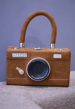 Embellished Suede Rectangular Camera Clutch Bag in Brown