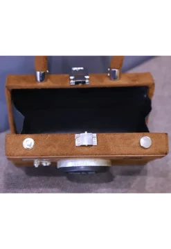 Embellished Suede Rectangular Camera Clutch Bag in Brown