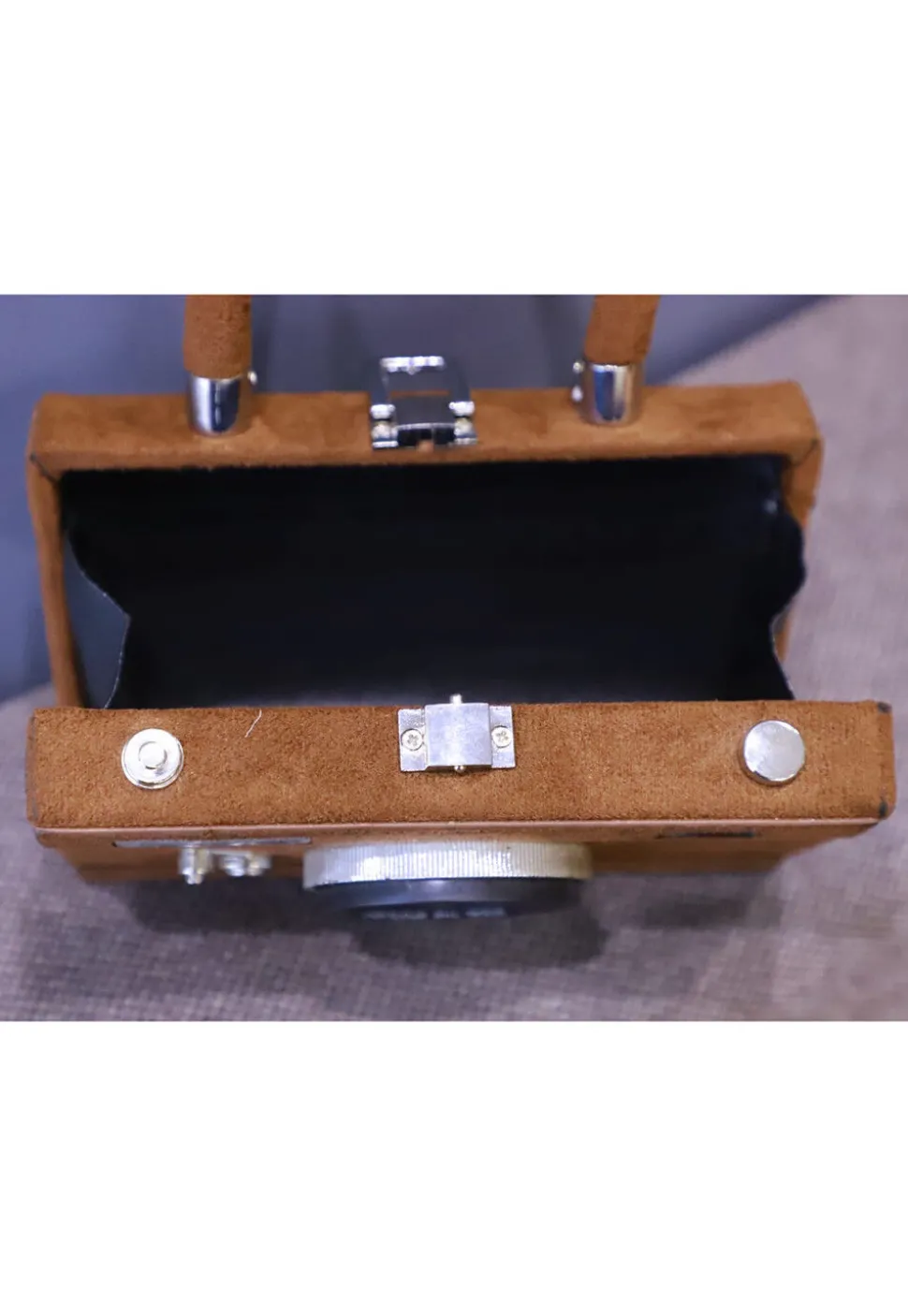 Embellished Suede Rectangular Camera Clutch Bag in Brown