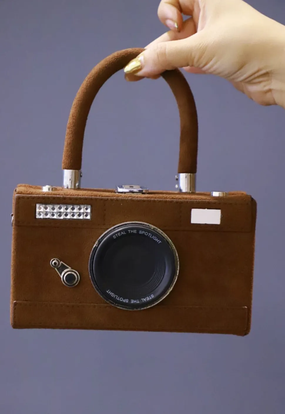 Embellished Suede Rectangular Camera Clutch Bag in Brown