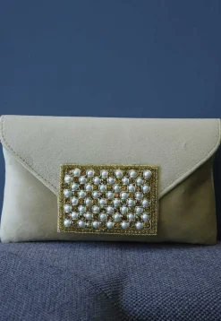 Embellished Suede Rectangular Clutch Bag in Beige