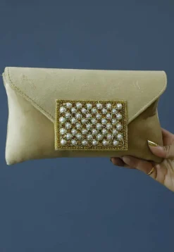Embellished Suede Rectangular Clutch Bag in Beige