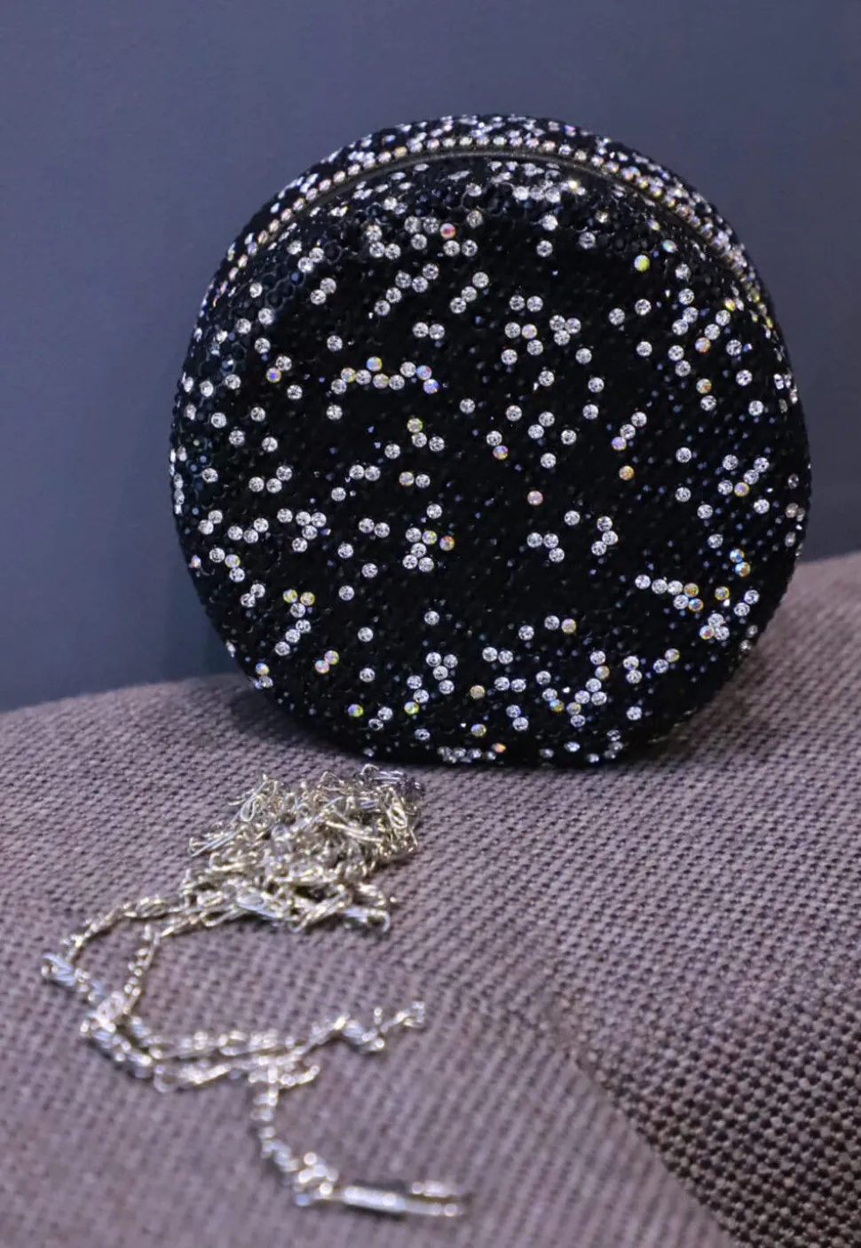 Embellished Suede Round Clutch Bag in Black