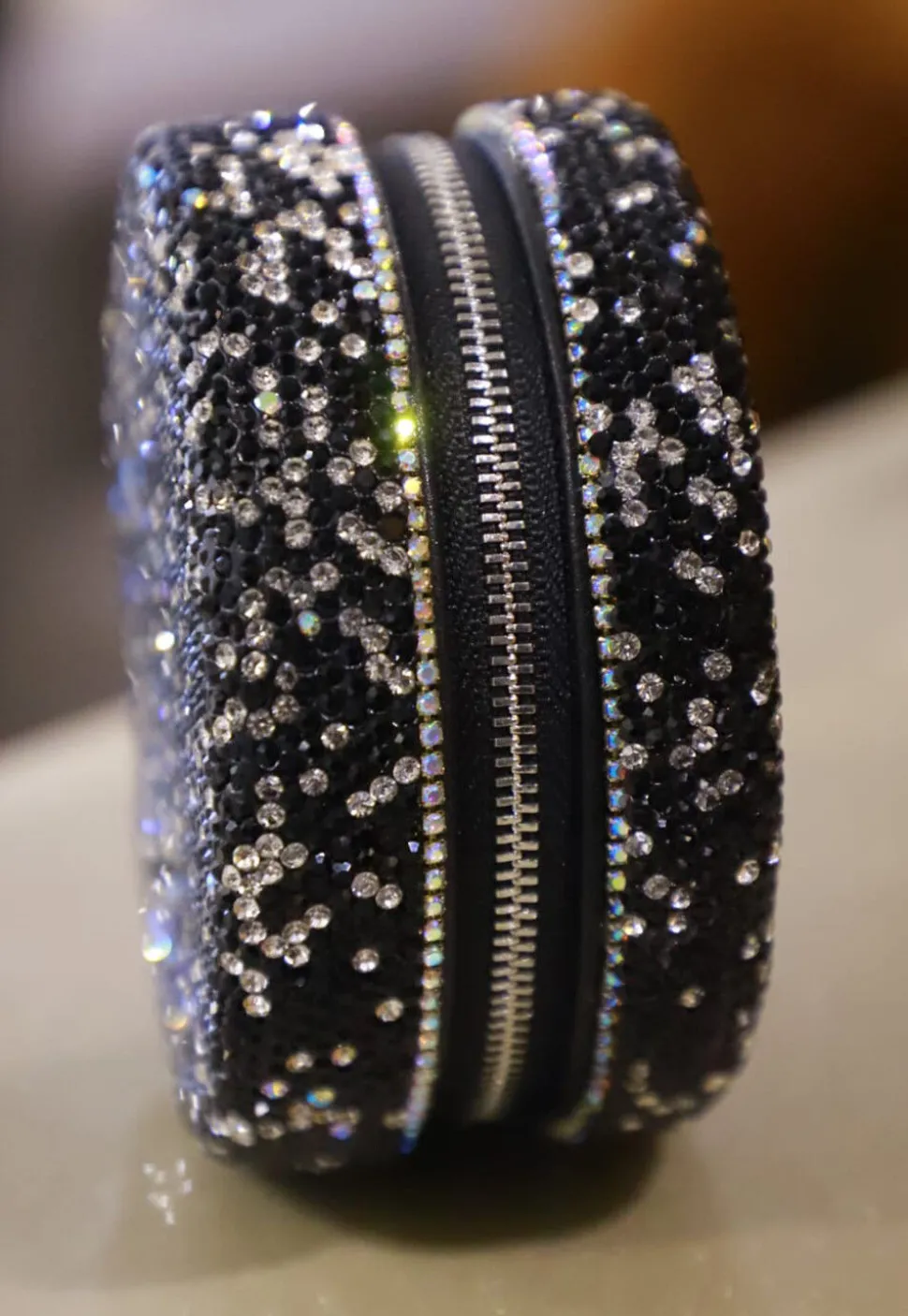 Embellished Suede Round Clutch Bag in Black