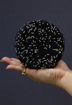 Embellished Suede Round Clutch Bag in Black