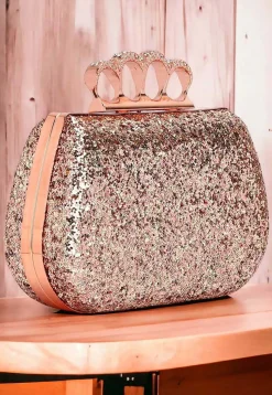 Embellished Synthetic Rectangular Clutch Bag in Rose Gold