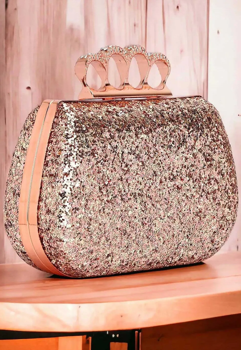 Embellished Synthetic Rectangular Clutch Bag in Rose Gold