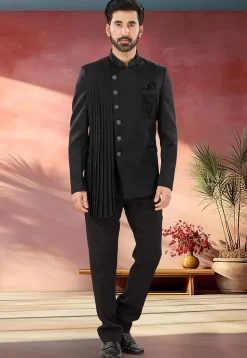 Embellished Terry Rayon Jodhpuri Suit in Black