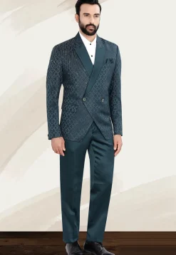 Embellished Terry Rayon Jacquard Suit Set in Teal Blue