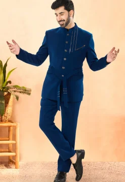 Embellished Terry Rayon Jodhpuri Suit in Teal Blue