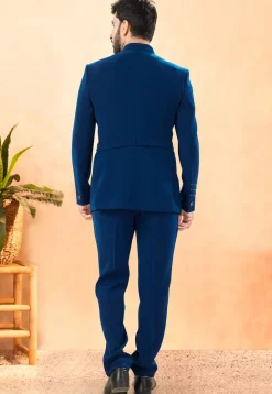 Embellished Terry Rayon Jodhpuri Suit in Teal Blue
