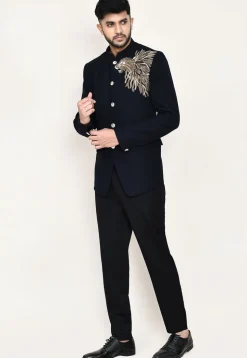 Embellished Terry Rayon Jodhpuri Suit in Navy Blue