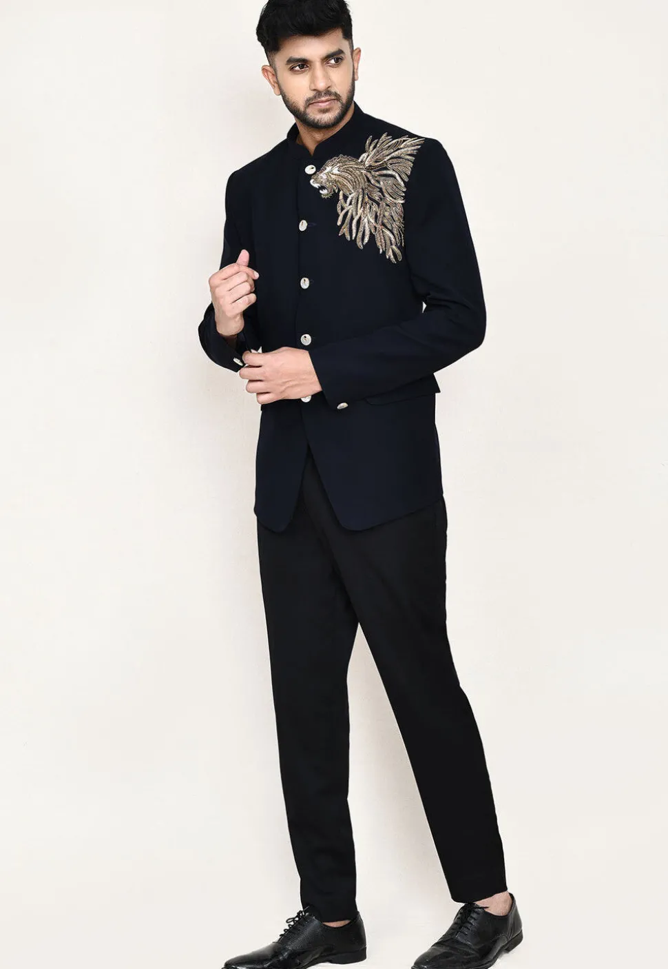 Embellished Terry Rayon Jodhpuri Suit in Navy Blue