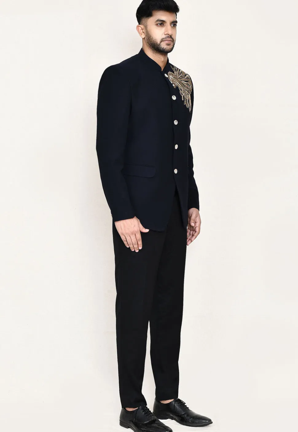Embellished Terry Rayon Jodhpuri Suit in Navy Blue