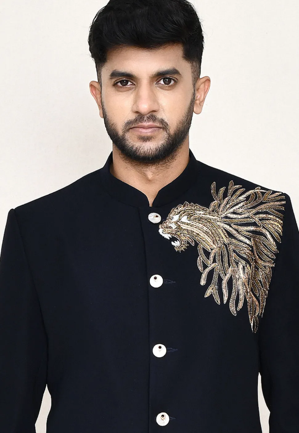 Embellished Terry Rayon Jodhpuri Suit in Navy Blue