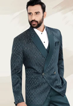 Embellished Terry Rayon Jacquard Blazer in Teal Blue