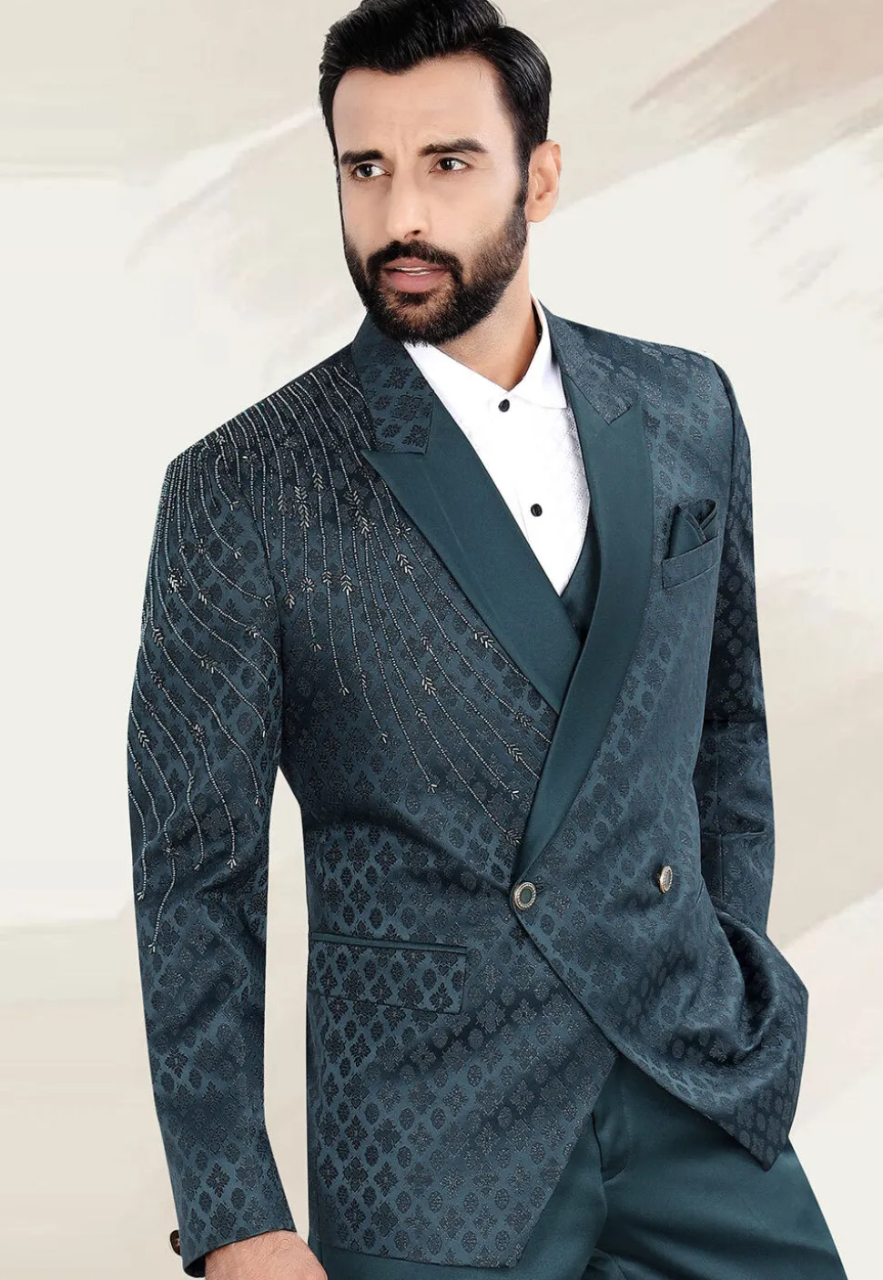 Embellished Terry Rayon Jacquard Blazer in Teal Blue