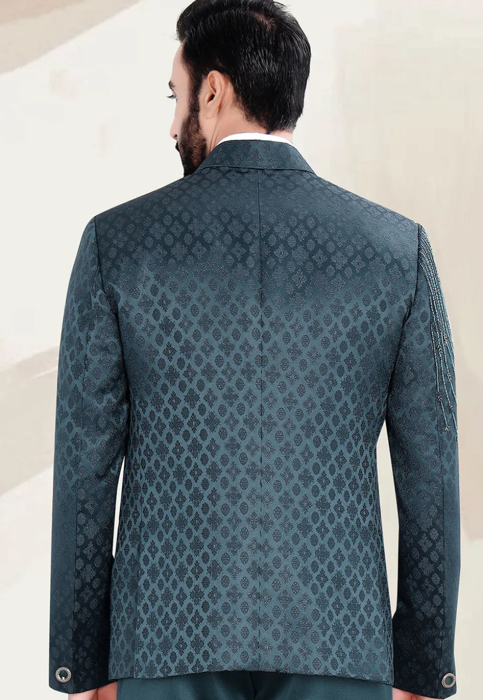 Embellished Terry Rayon Jacquard Blazer in Teal Blue