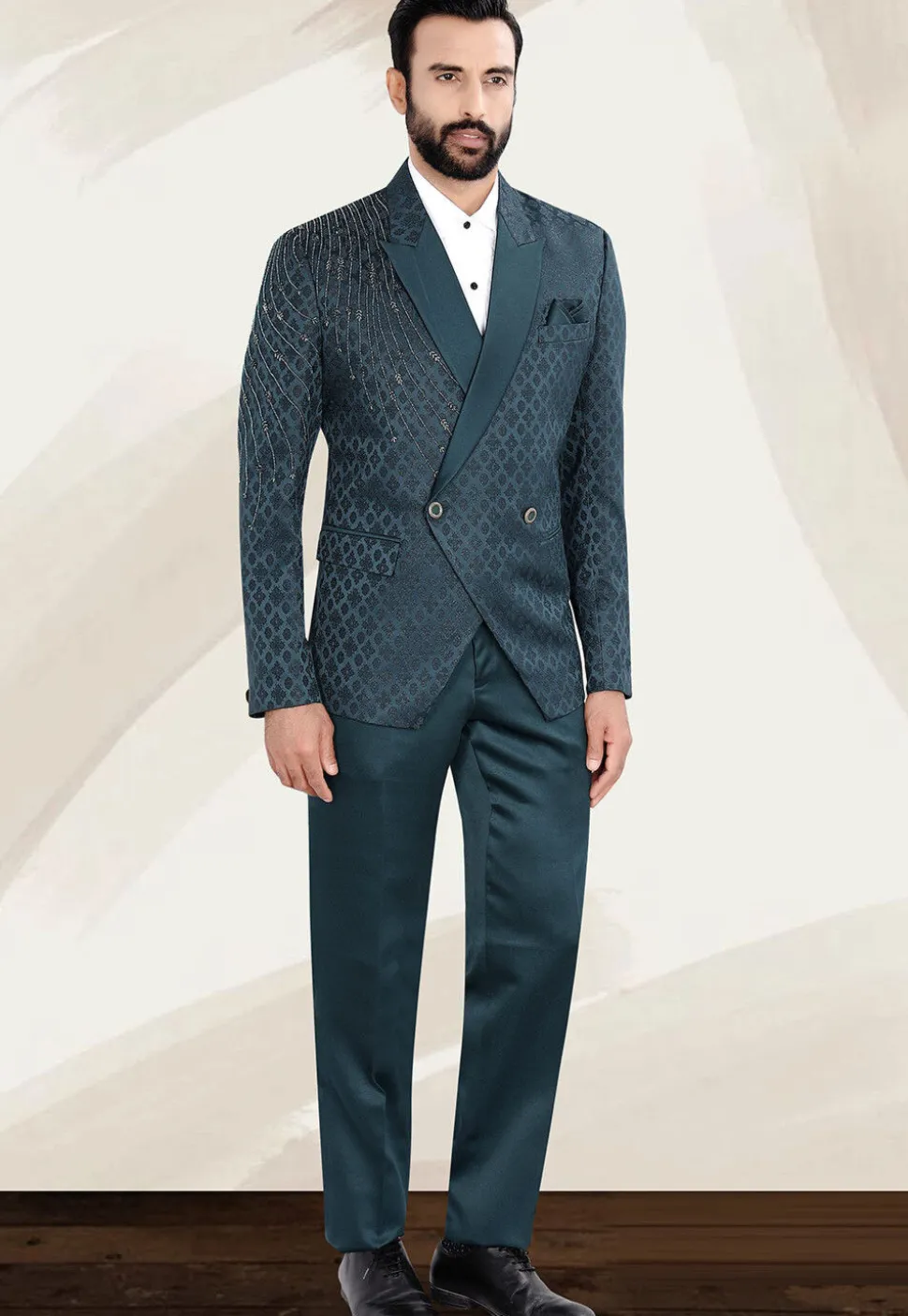 Embellished Terry Rayon Jacquard Blazer in Teal Blue